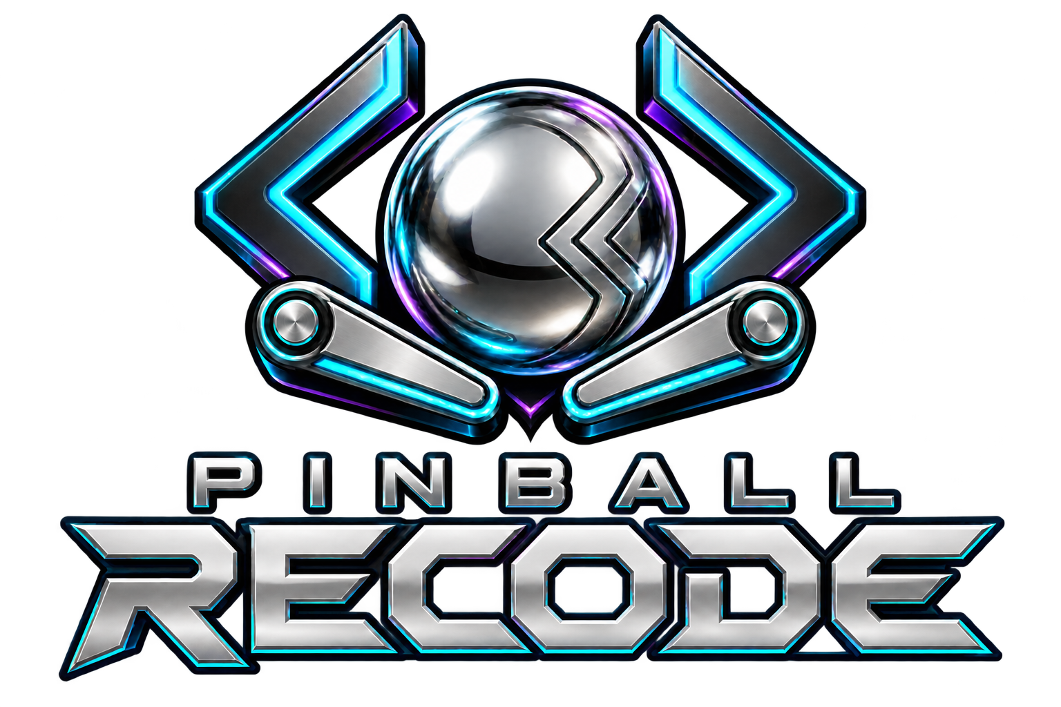 Pinball Recode — a chrome pinball between glowing code brackets and flippers